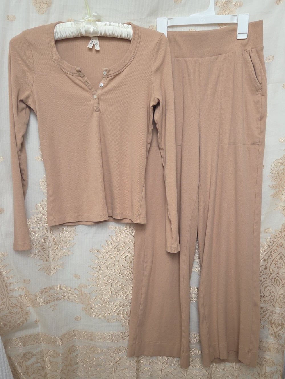 Pact Women’s Long Sleeve Henley Top & Wide-Leg Lounge Pants - Beige